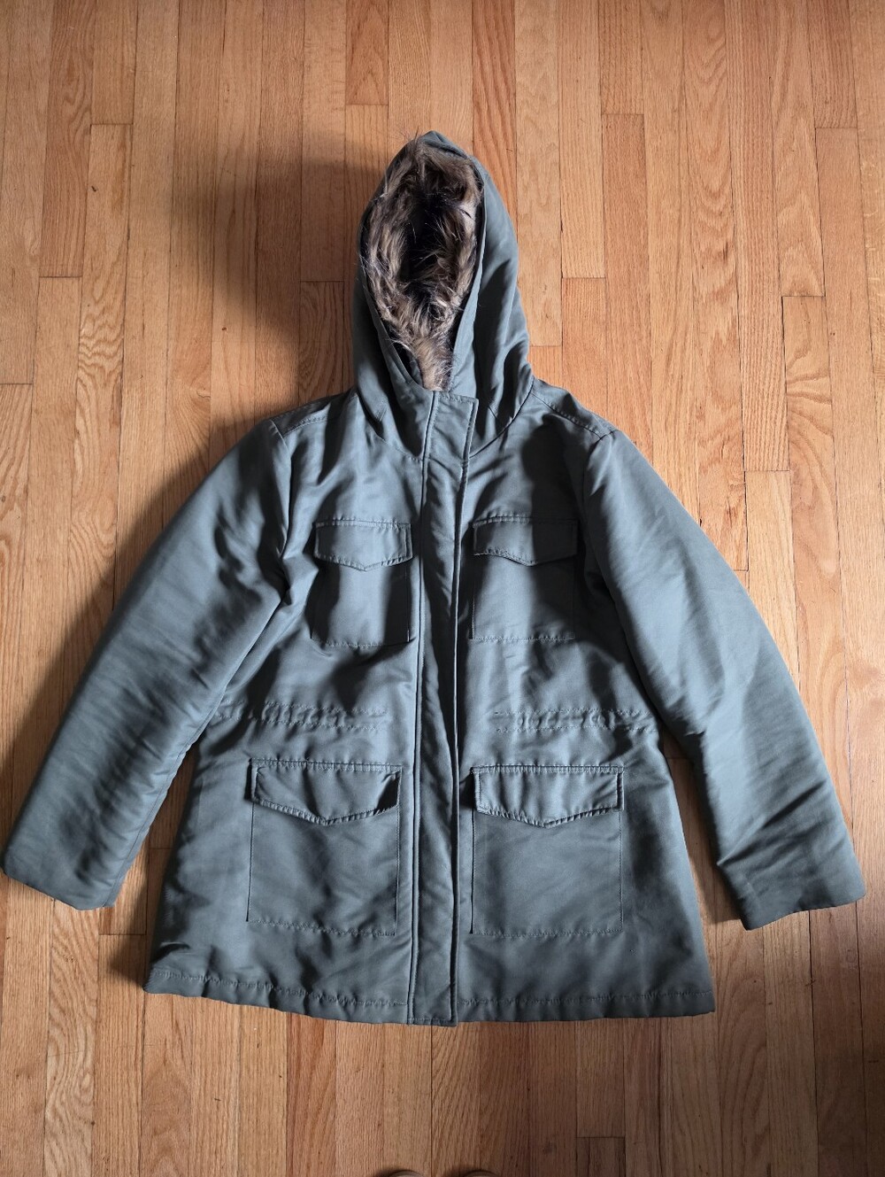New York & Company Hooded Parka Coat Faux Fur Olive Green Sz XL